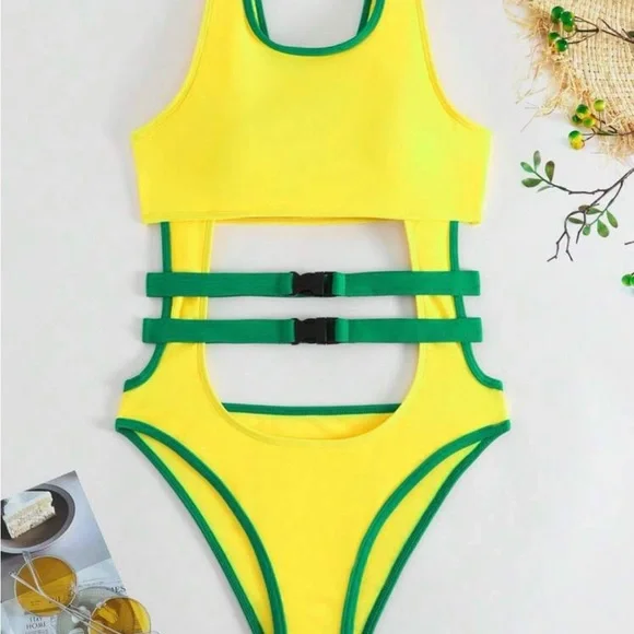 Yellow & Green Cutout Two-Piece Bikini Set | Sporty High-Leg Swimsuit - Picture 3 of 4